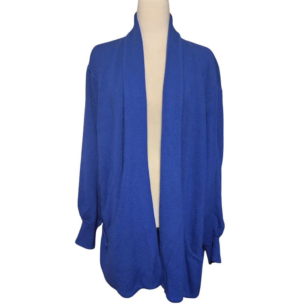 VTG Silhouettes 3X Blue Knit Cardigan Sweater Open Front Pockets Long Sleeve